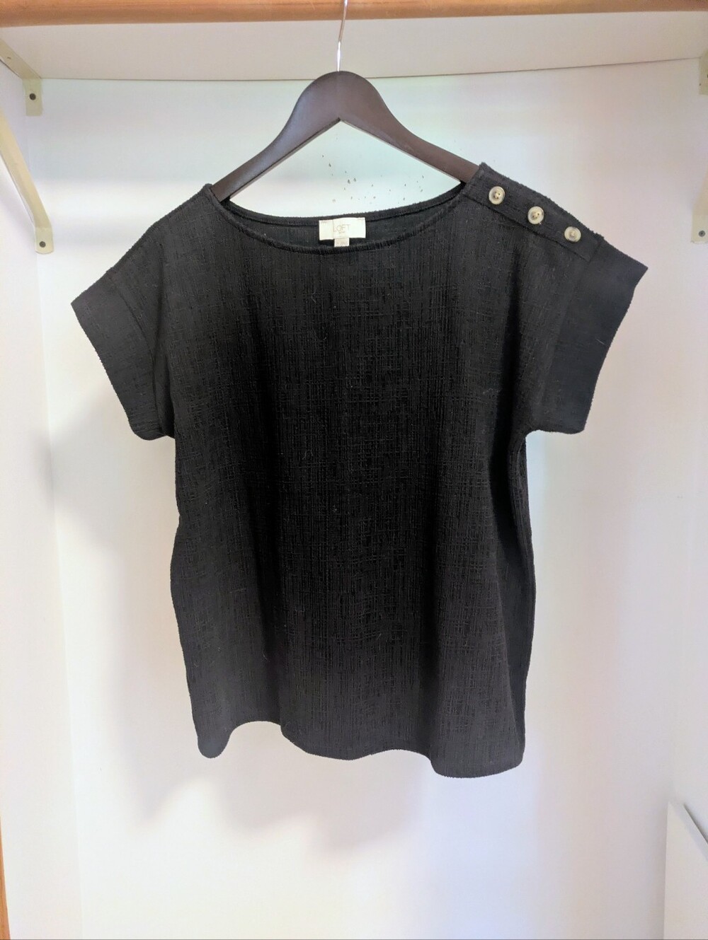 LOFT Black Short Sleeve Button-Shoulder Top